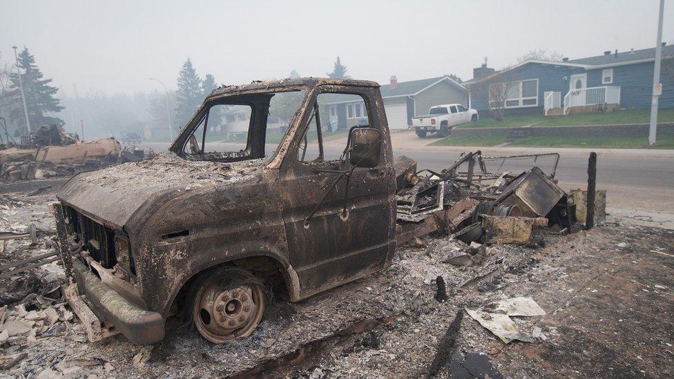 The remains of a charred vehicle sit in a residential neighborhood heavily damaged by a wildfire in Fort McMurray (07 May 2016)