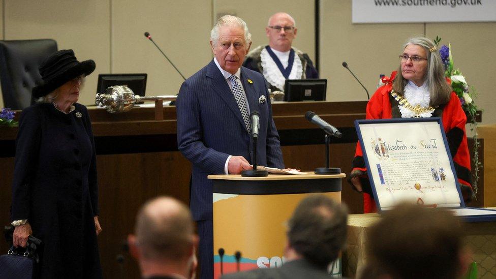 Prince Charles speaks at a council meeting during his visit the Civic Centre in Southend-on-Sea (March 1, 2022)