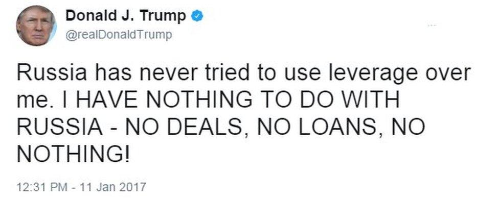 Tweet from Donald Trump reads: Russia has never tried to use leverage over me. I HAVE NOTHING TO DO WITH RUSSIA - NO DEALS, NO LOANS, NO NOTHING!