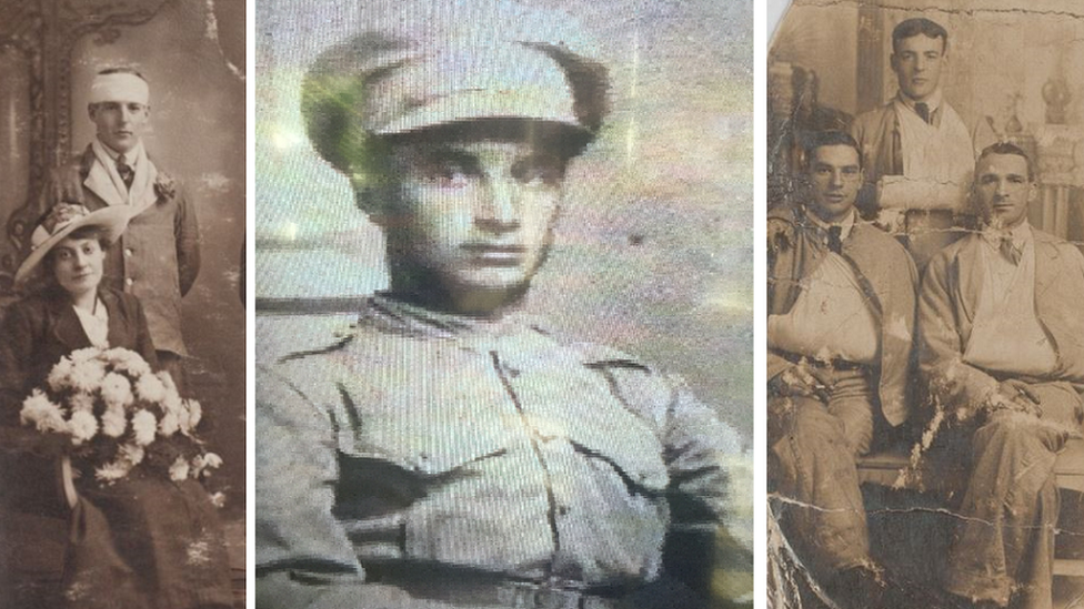 From left Laurence Marriott on his wedding day, Fred Joslin and Laurence Marriott recovering with comrades