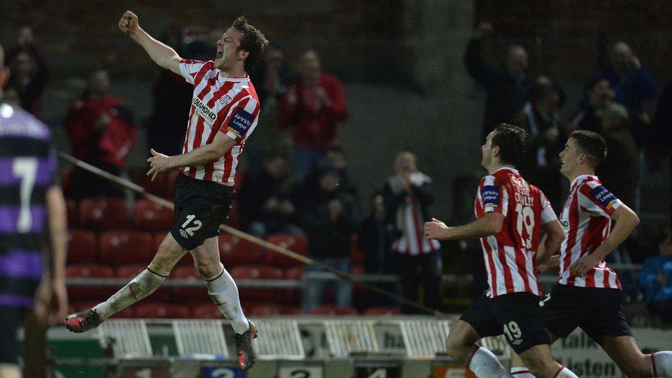 Ryan McBride celebrates scoring a goal for Derry City in 2013