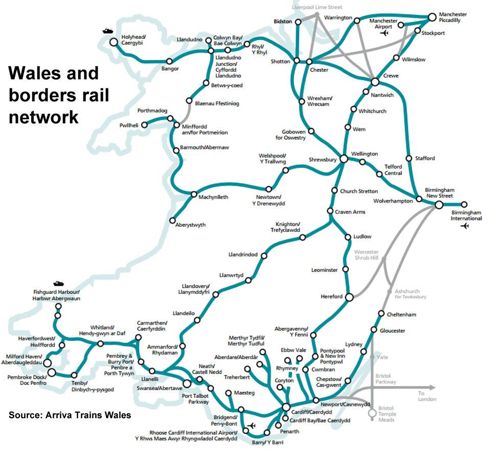 Map of rail network in Wales