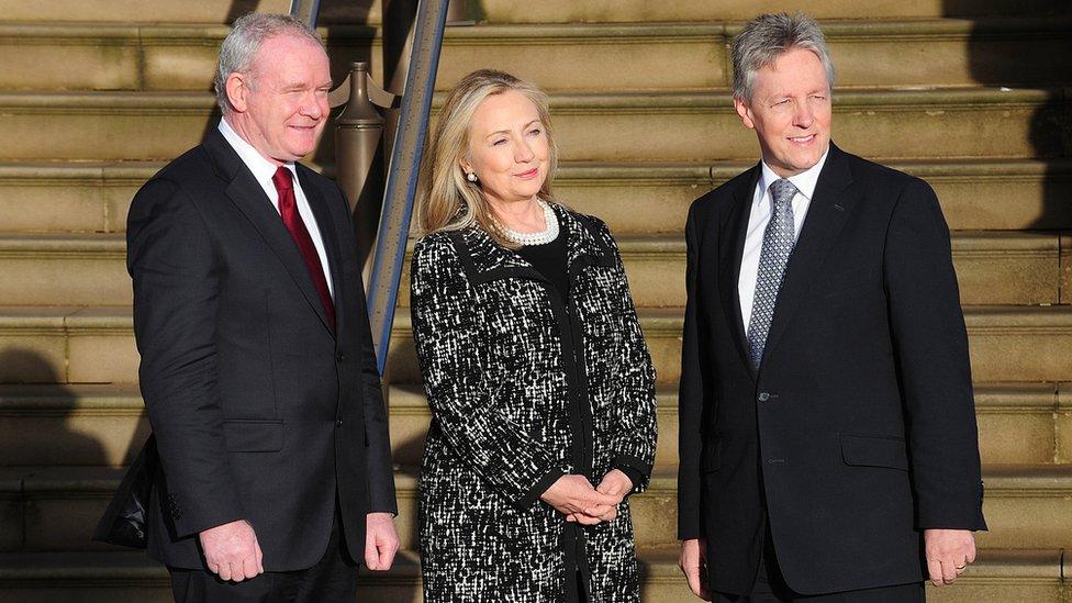 Martin McGuinness, Hillary Clinton and Peter Robinson in 2012