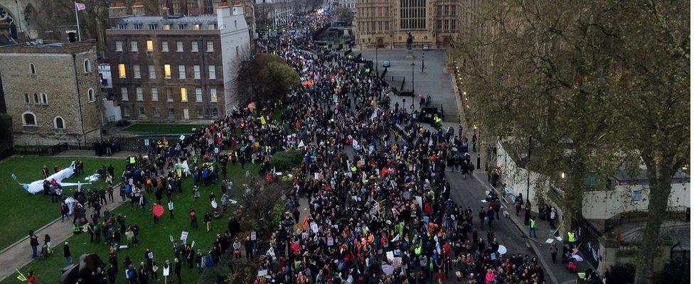 Campaigners on the climate change march in London on 29 November 2015