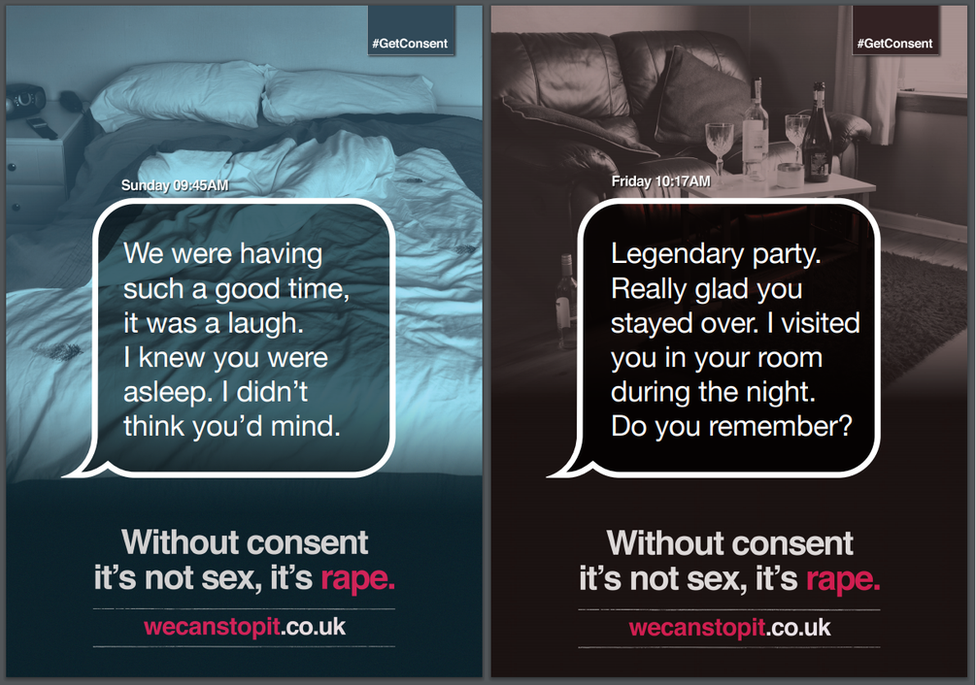 Posters carrying the hashtag #GetConsent