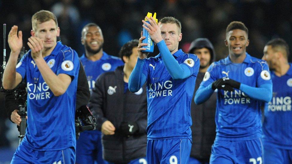 Leicester players applaud fans after beating Liverpool 3-1 during the English Premier League soccer match between Leicester City and Liverpool at the King Power Stadium in Leicester, England, Monday, Feb. 27, 2017.