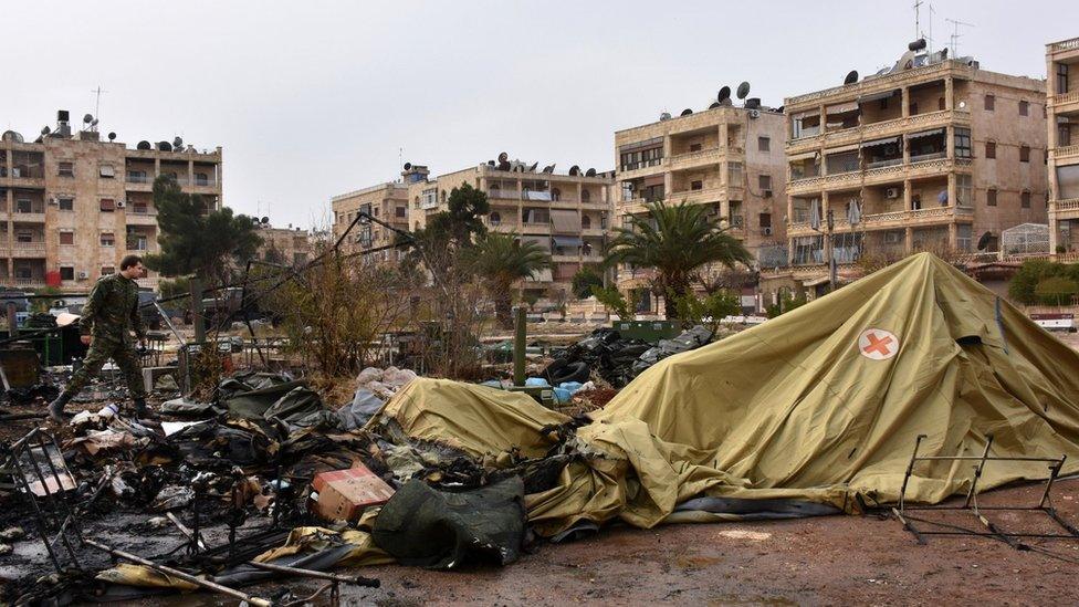 Field hospital which Russia says was destroyed by a rebel attack