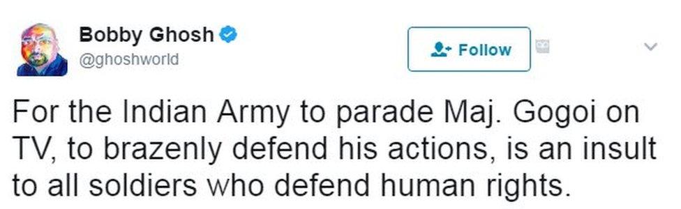 For the Indian Army to parade Maj. Gogoi on TV, to brazenly defend his actions, is an insult to all soldiers who defend human rights.