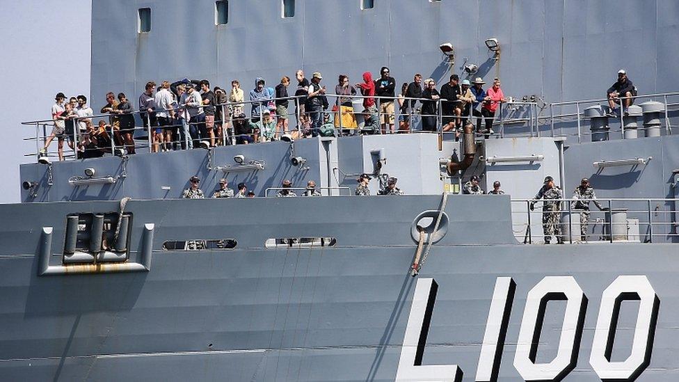 HMAS Choules arrives, with over 1,000 evacuees, from Mallacoota at the Hastings Port in Victoria, Australia, 04 January 2020