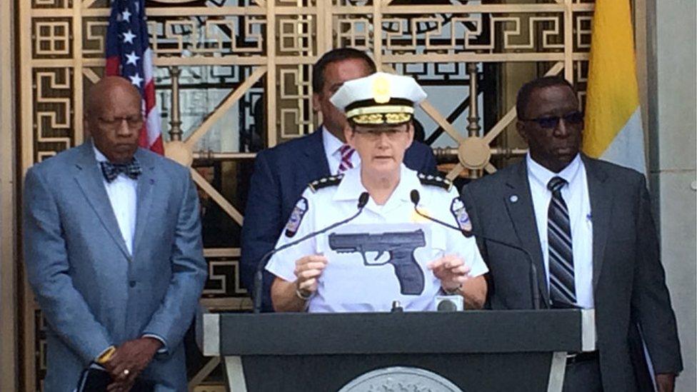 Police Chief Kim Jacobs holds an image of a similar BB gun during a press conference, Sept 15. Courtesy Columbus Dispatch