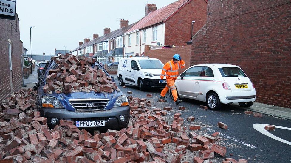 Fallen masonry landed on a car in Roker, Sunderland