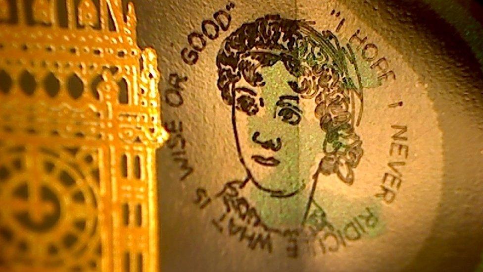 Close-up of tiny Jane Austen image