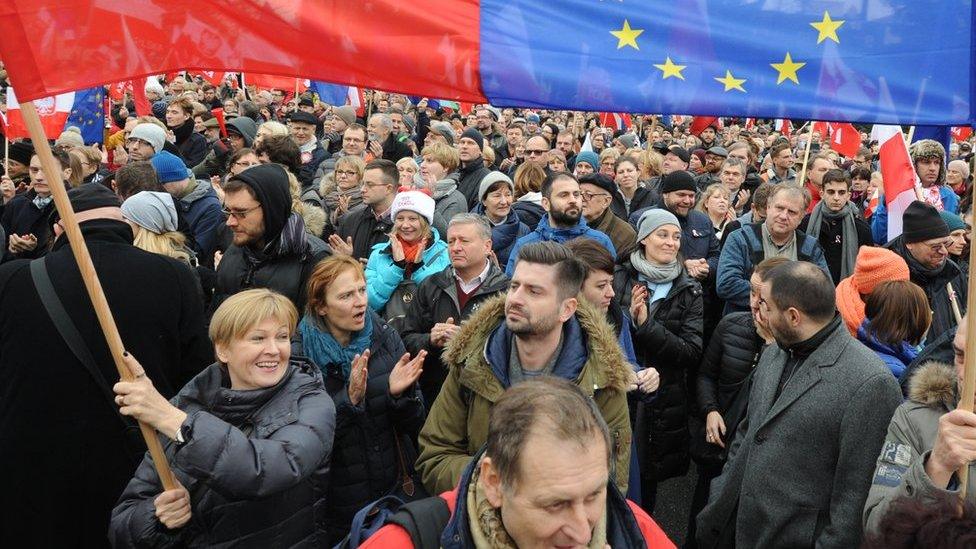 Protesters wave Polish and European Union flags during an anti government demonstration in Warsaw, Poland, Saturday, Dec. 19, 2015