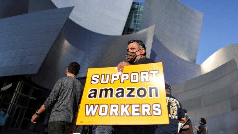 Protest in support of the unionizing efforts of the Alabama Amazon workers, in Los Angeles