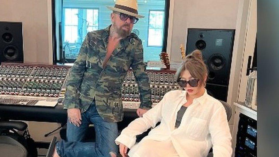 Dave Stewart and Faye Fantarrow in his music studio