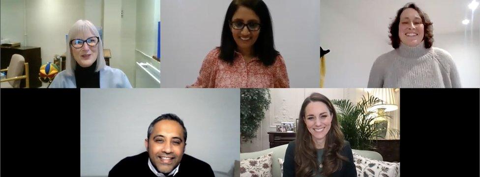 Duchess of Cambridge during a video call with (top row left to right) Head teacher Melissa Loosemore, Mrs Rajana Panchani, Mrs Nicole Seidemann and (bottom row) Mr Musadiq Subar , from Roe Green Junior School in Brent, London