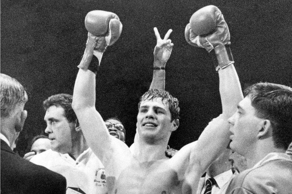 Glenn McCrory celebrating his world championship victory in 1989