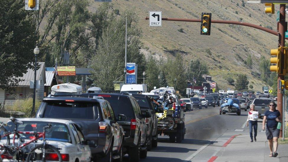 Traffic clogs the main road on August 20, 2017 in Jackson, Wyoming. People are flocking to the Jackson and Teton National Park area for the 2017 solar eclipse which will be one of the areas that will experience a 100% eclipse on Monday August 21, 2017.