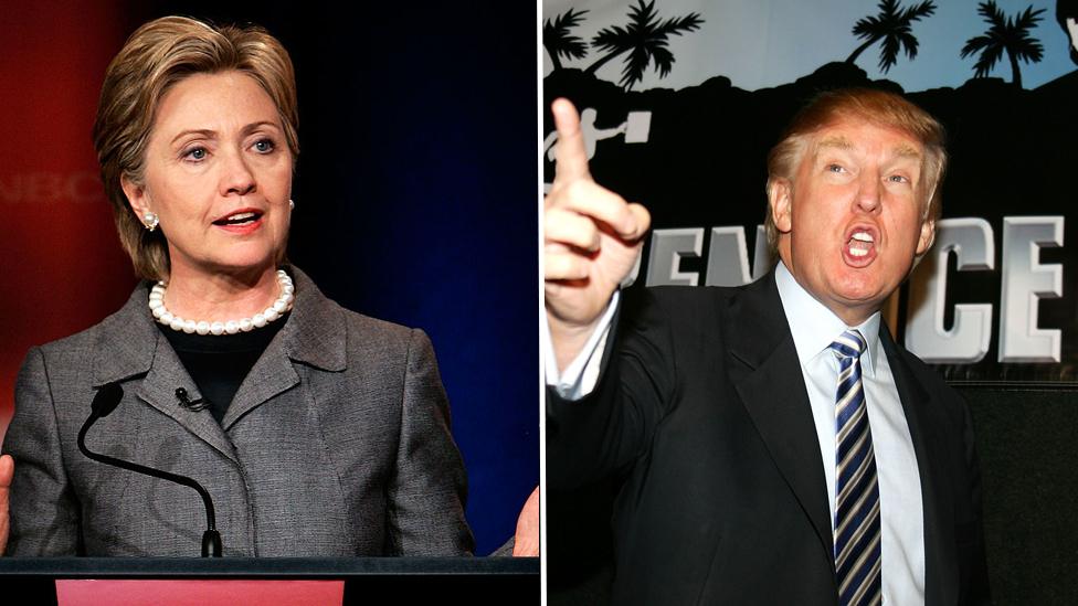 Clinton in April 2007 presidential debate, Trump at premiere of Apprentice 2006