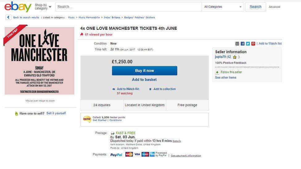 eBay auction of One Love Manchester tickets