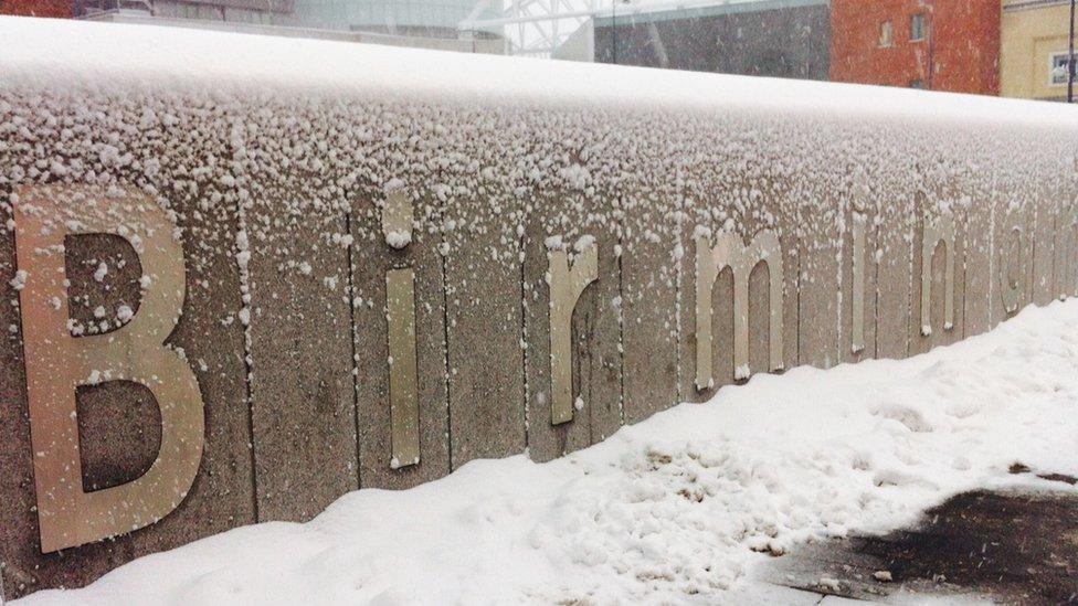 Snowy sign at Birmingham New Street railway station