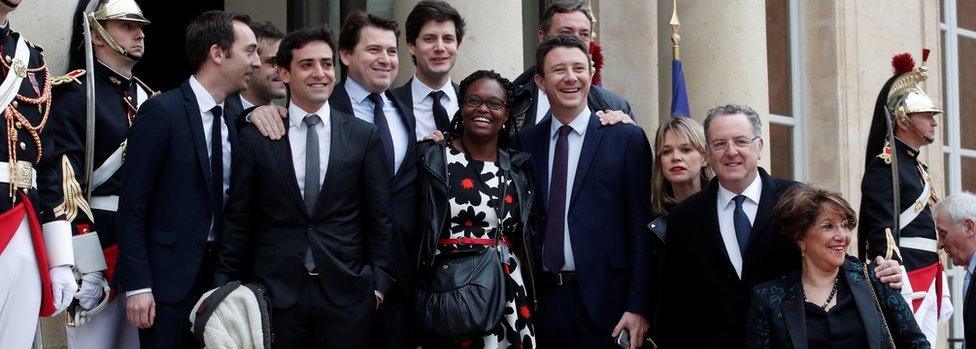 The Macron team: Sibeth Ndiaye (C), Head of the public relations of the party, spokesman Benjamin Griveaux (C-R), Richard Ferrand, Julien Denormandie (4thL), Stephane Sejourne (2thL), Jean-Marie Girier (L), Sylvain Fort (3rdL)