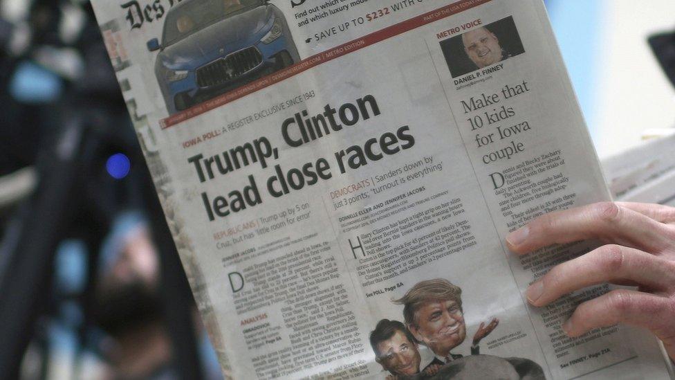 The front page of the Des Moines Register feature a story about Trump's poll numbers.