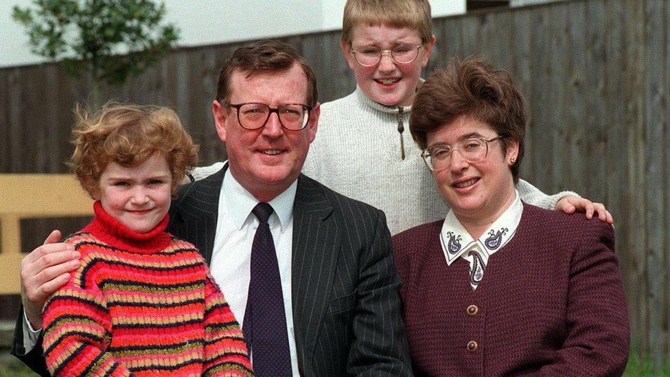 Lord Trimble, then leader of the Ulster Unionist Party, with his wife Daphnie and children Sarah and Nicholas at their family home in May 1998