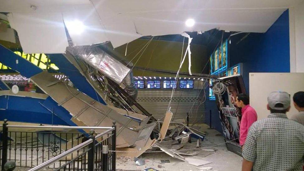 A collapsed ceiling in Quito, Ecuador following the quake