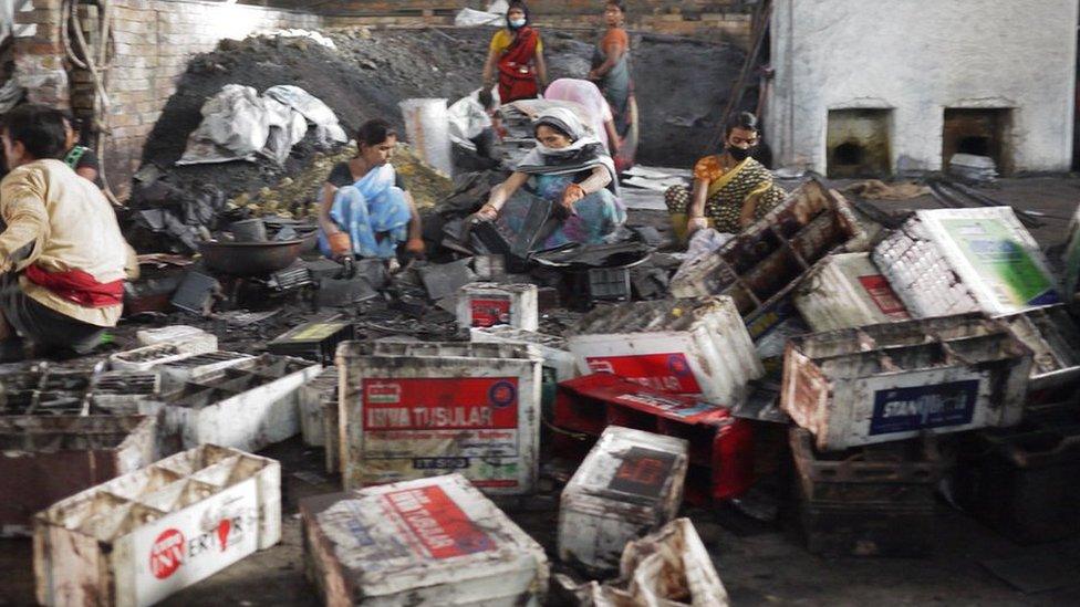 An informal battery recycling workshop in Bihar state of India