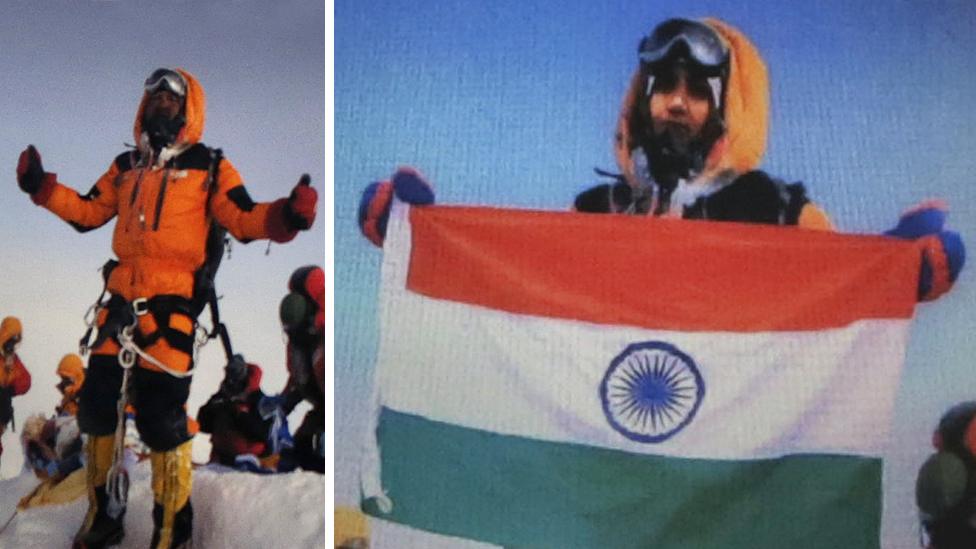 Composite picture showing Indian climber Satyarup Sidhantha on the top of Everest (left) and a version of the same picture believed to have been doctored and used by the Indian couple to make it appear they were on the summit (July 2016)