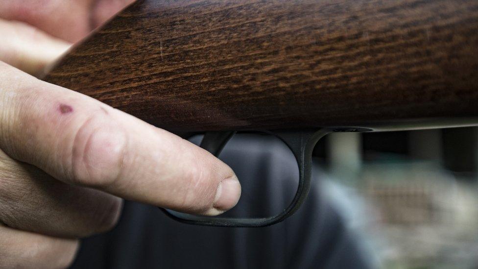 A person with a finger on the trigger of an air gun