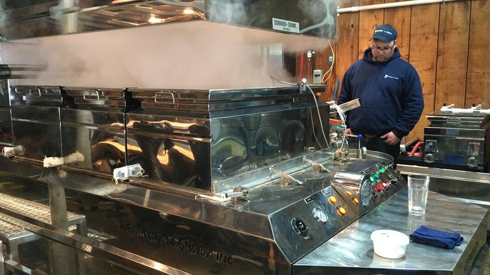 Maple sap being turned into syrup at the Au Pied de Cochon Sugar Shack