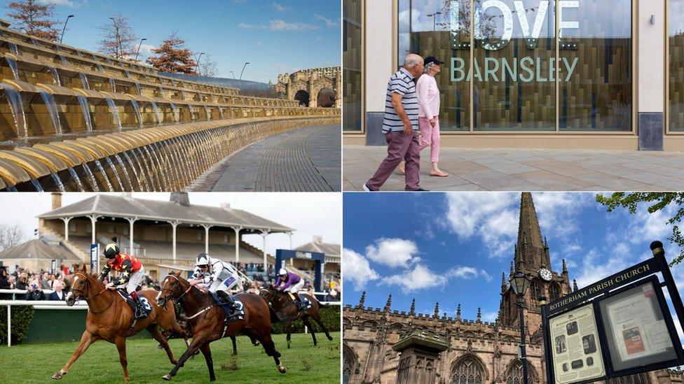 A composite image of Sheffield's Sheaf Square, Barnsley town centre, Rotherham parish church and Doncaster Racecourse