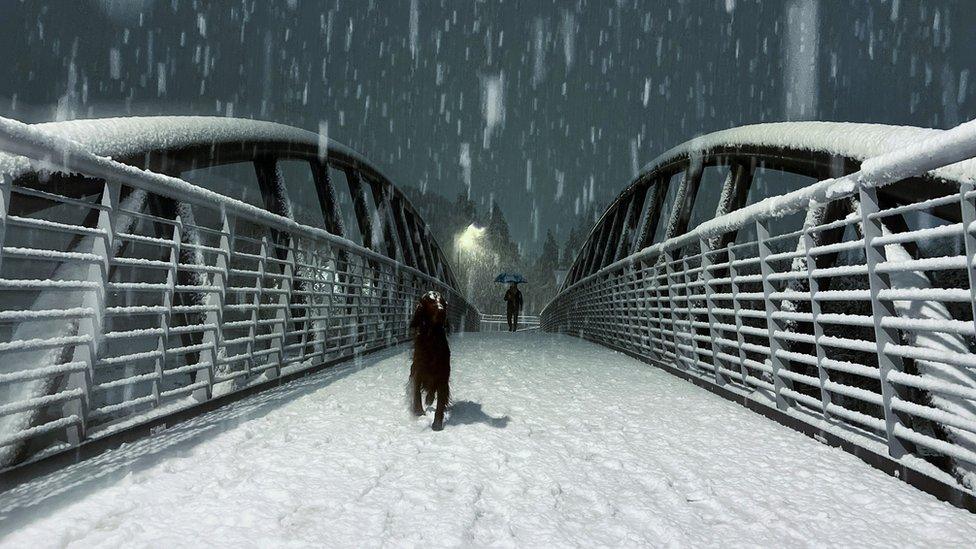 Dog on snowy bridge