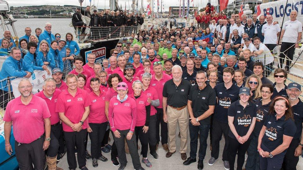 combined crews of the Clipper Round the World Yacht Race at Derry-Londonderry, before departing on the final leg which ends in Liverpool