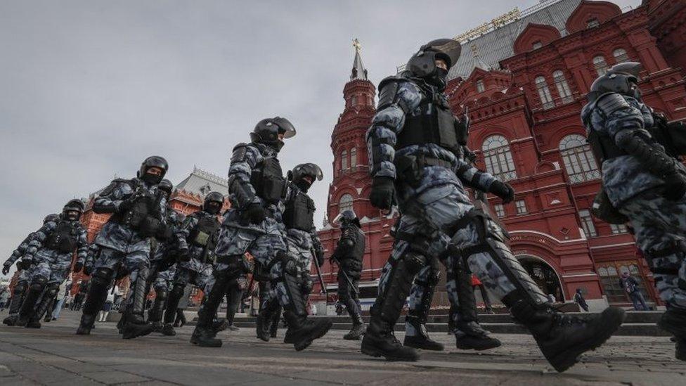 Riot police at a demonstration in Moscow on Sunday