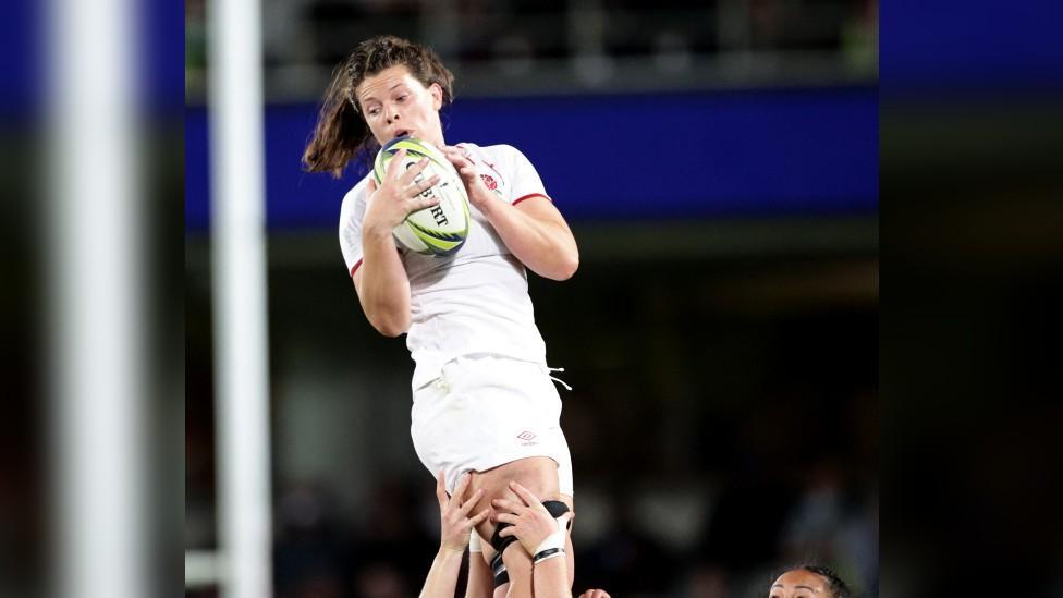 Abbie Ward during a lineout at the Rugby World Cup in November 2022