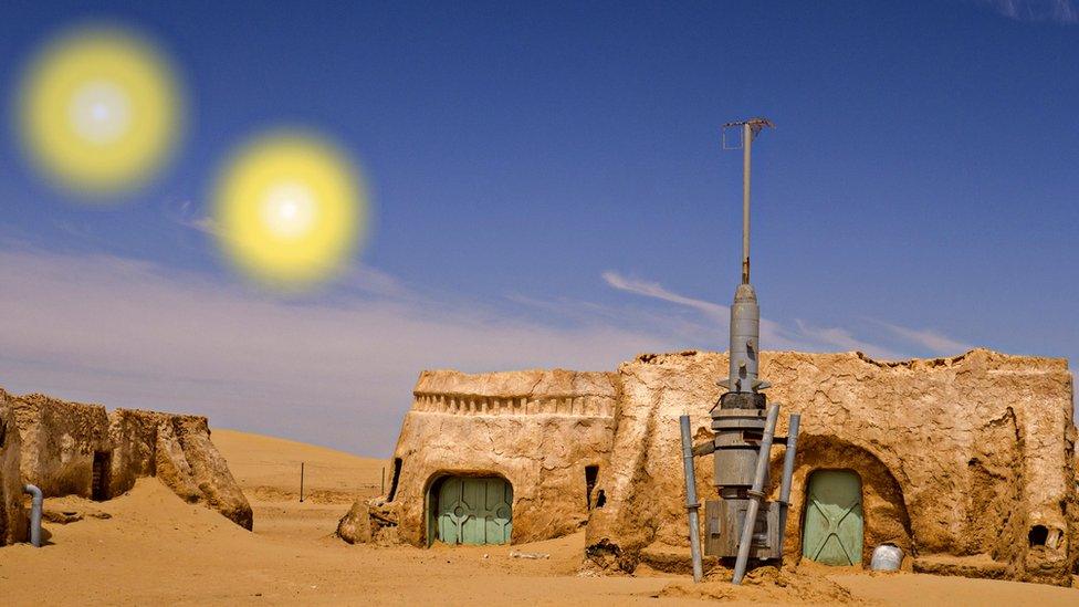 The twin-suns and planet of Tatooine.