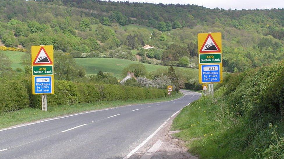 Warning signs on the A170 at Sutton Bank