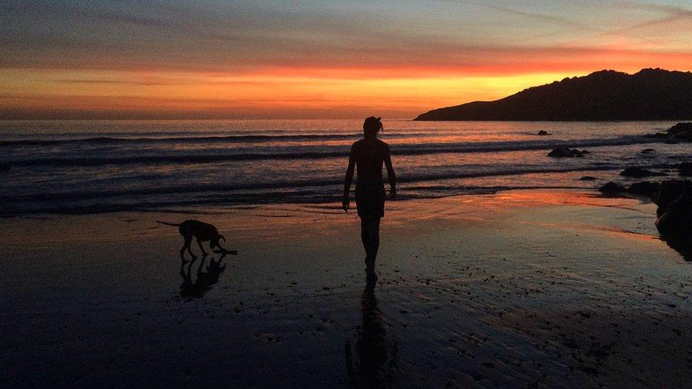 Josh on the beach with his dog at sunrise