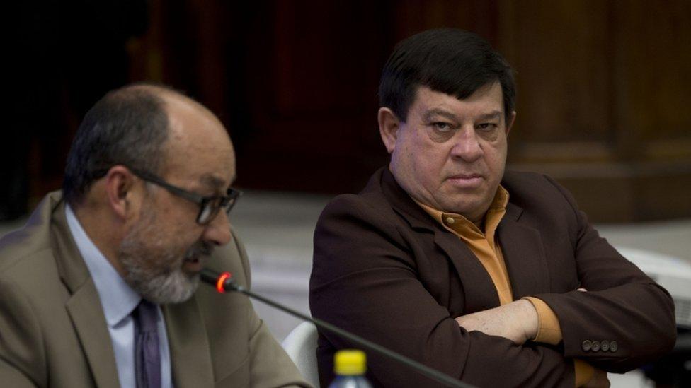 Former army officer Esteelmer Francisco Reyes Giron, right, listens to his lawyer Moises Galindo, Guatemala City, 25 Feb 2016