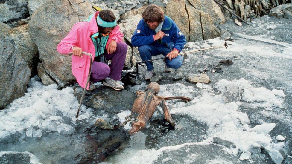 Two mountaineers Oetzi, Europe's oldest natural human mummy, in the Otztal Alps between Austria and Italy in September 1991.