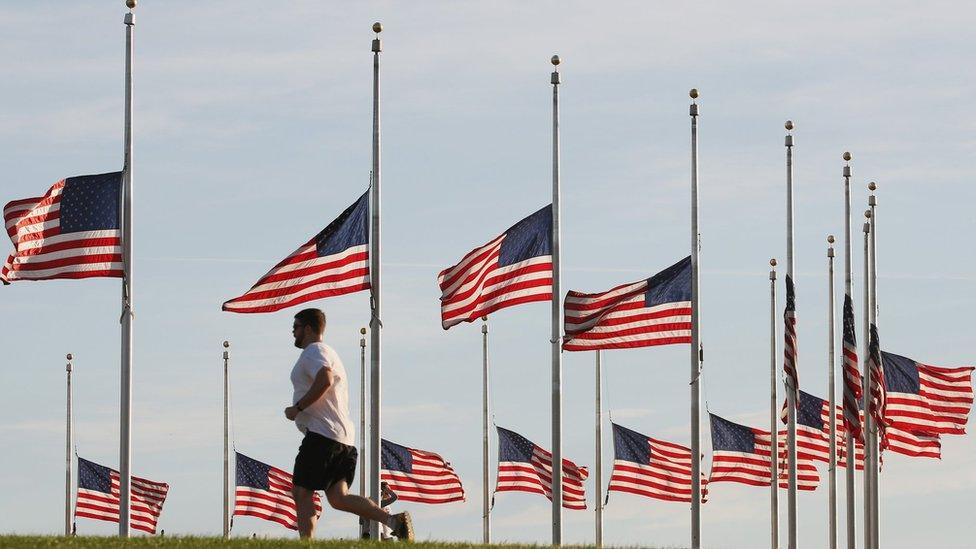 Flags have been lowered to half staff on the Washington Monument grounds to honour those killed by a lone gunman at a night club in Orlando, June, 13, 2016 in Washington, DC