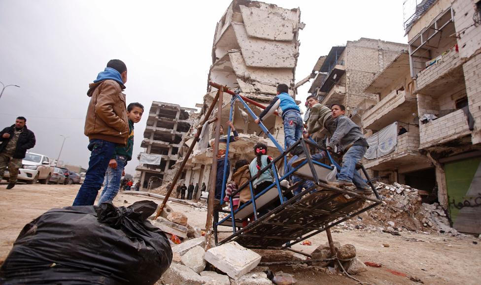 Syrian children play in Aleppo's Salaheddin neighbourhood. Radio Alwan gathers news from people on the ground