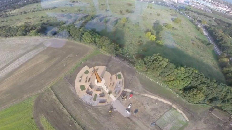 View of the memorial spire from the Lancaster bomber