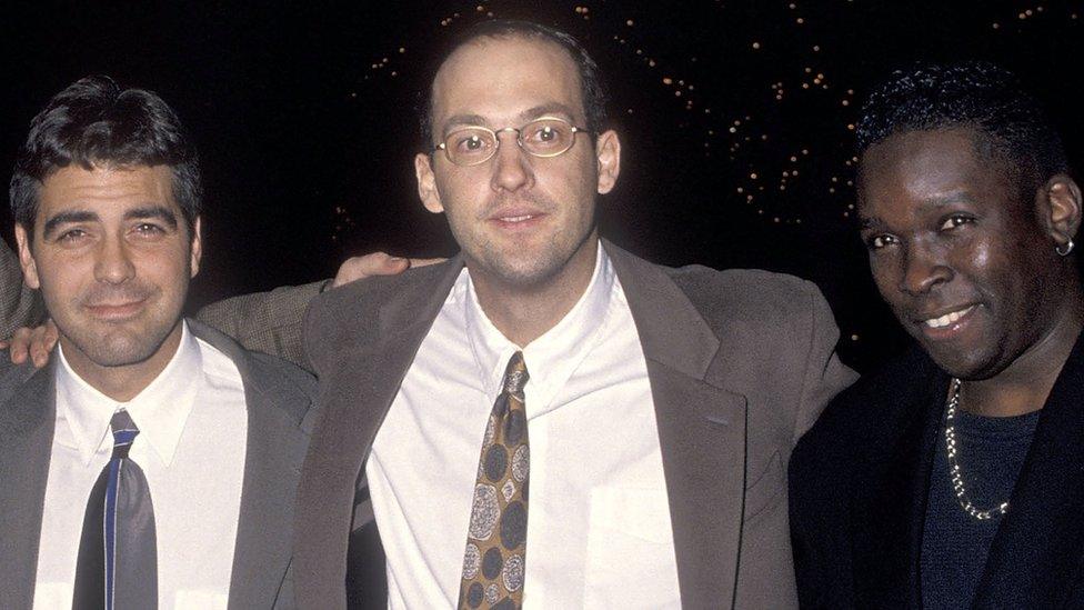 George Clooney, Anthony Edwards and Deezer D attend the NBC TV Critics Association press tour in 1995 in California