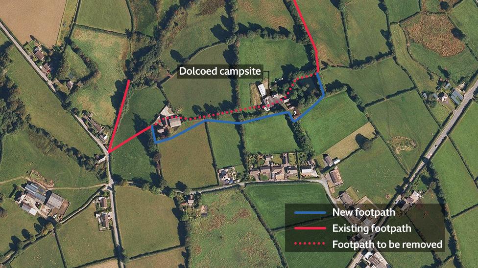 An aerial view of Dolcoed campsite and the proposed footpaths