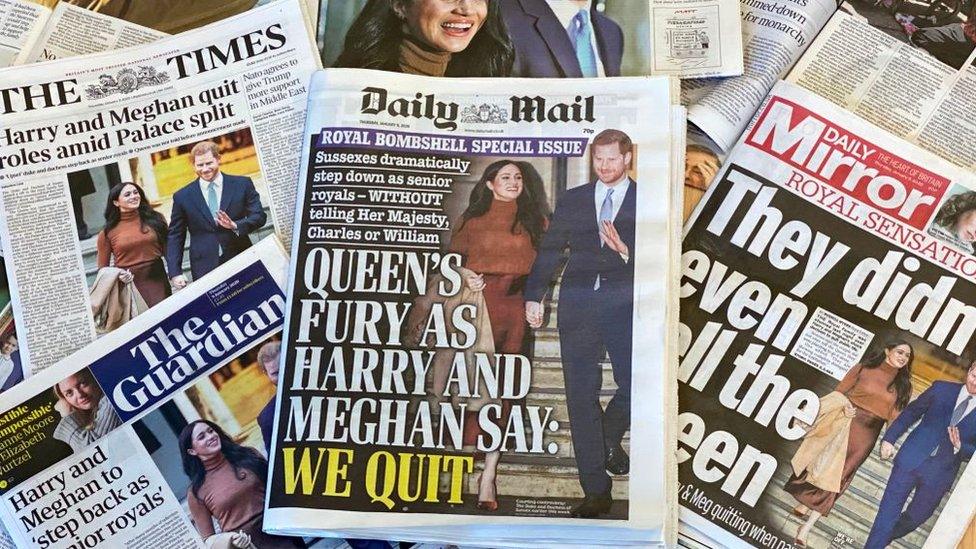 Selection-of-uk-newspapers-covering-Harry-and-Meghan-leaving-the Royal-family.