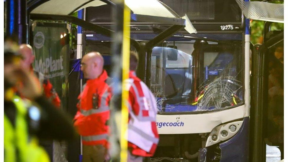 Double decker bus crashed into bus stop